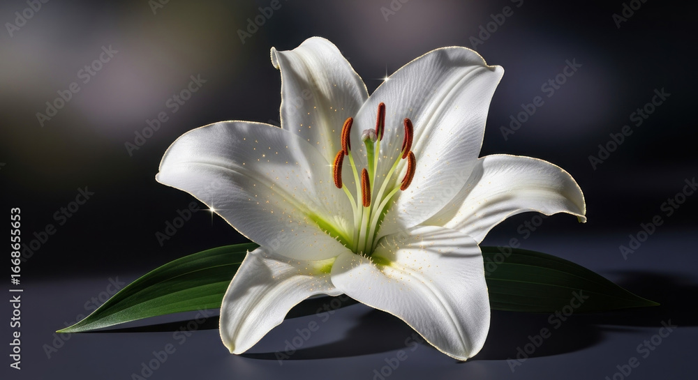 Fototapeta premium Elegant white lily flower with vibrant orange stamens, set against a softly blurred dark background