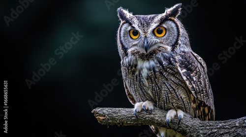 A long-eared owl perched on a branch against a dark background.