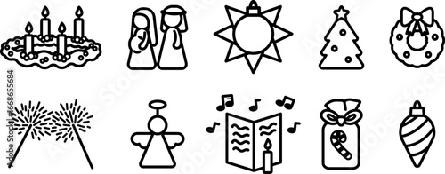 Icono de Navidad como peregrinos, corona de adviento, bengala, entre otros