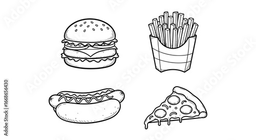 Fast Food Feast Burger, Fries, Hotdog, and Pizza in Black and White Line Art