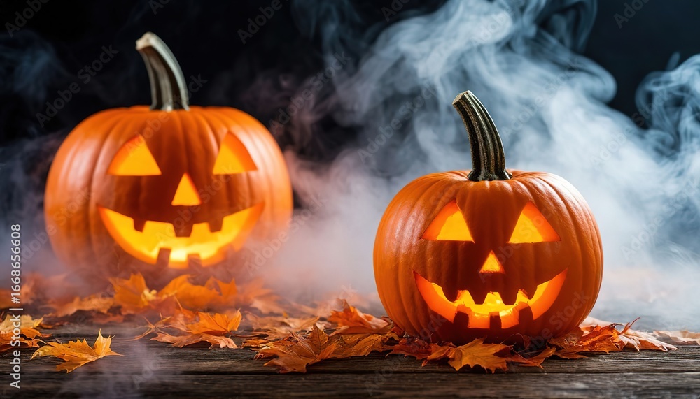 Fototapeta premium Halloween pumpkin ominous against fog and darkness.