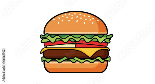 A delicious, perfectly layered hamburger with sesame seed bun, cheese, lettuce, and a tomato slice, presented against a clean background