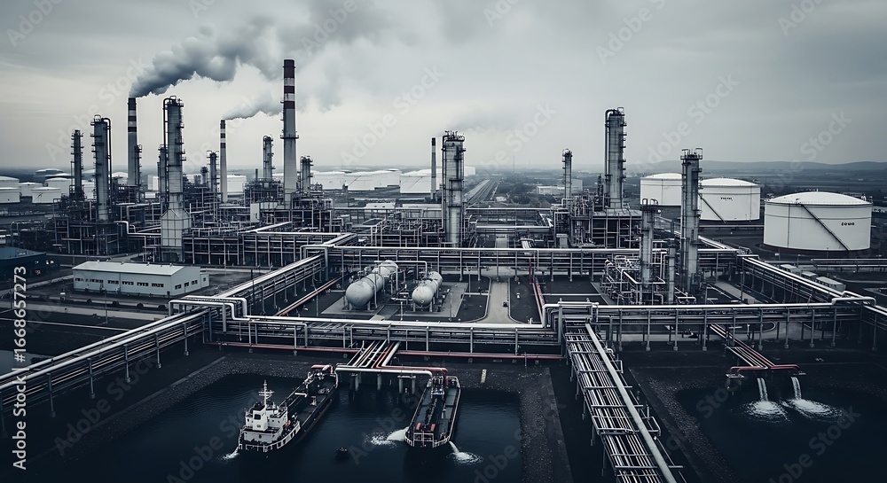 Fototapeta premium Extensive industrial complex with pipelines and storage tanks.
