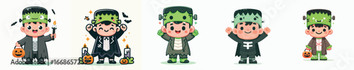 Cute Flat Illustration Halloween Little Kids with Frankenstein and Vampire Costumes Set