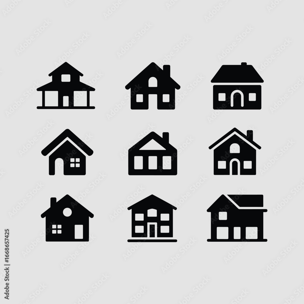 Fototapeta premium Collection of black house icons set, residential home symbols, simple real estate illustration, property vector design, architecture silhouette, isolated housing pictogram artwork..