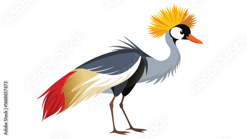 A gray crowned crane with striking yellow and red plumage, showcasing its unique features in a lush environment..eps
