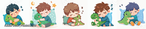 Cute Handdrawn Boy Sleeping with Dinosaur Toy, Cartoon Illustration Asset
