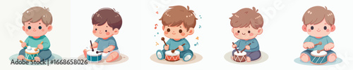 Cute Handdrawn Baby Drummer Playing Music with Drum Set Illustration