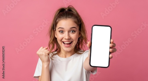 Excited young woman with a high ponytail shows a smartphone with a blank screen against a pink background, celebrating a success or victory