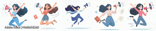 Charming Handdrawn Woman Jump with Megaphone Announcement Communication Character Illustration