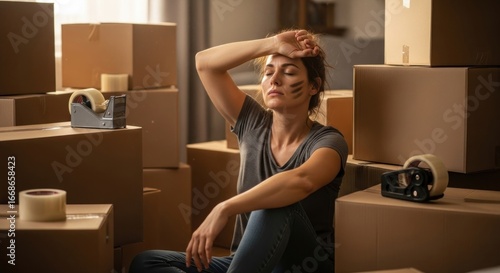 Exhausted woman rests amidst moving boxes