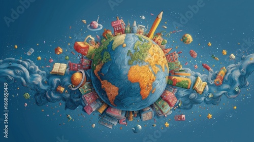 Whimsical globe illustration adorned with books, buildings, a pencil, planets, and stars, symbolizing global education, knowledge, and exploration, perfect for creative design and academic themes.