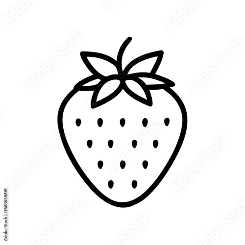 Simple black and white line drawing illustration of a strawberry, graphic food icon