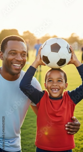 Father and son enjoying a sunny day at the soccer field, playing and bonding with a ball