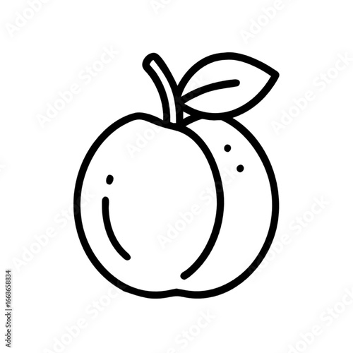 Simple Line Art Illustration of a Fresh Peach with a Leaf on a White Background