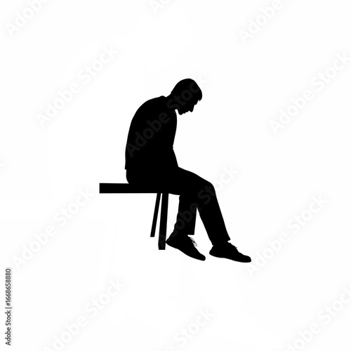 Silhouette of a dejected man sitting by the road head down isolated on white background