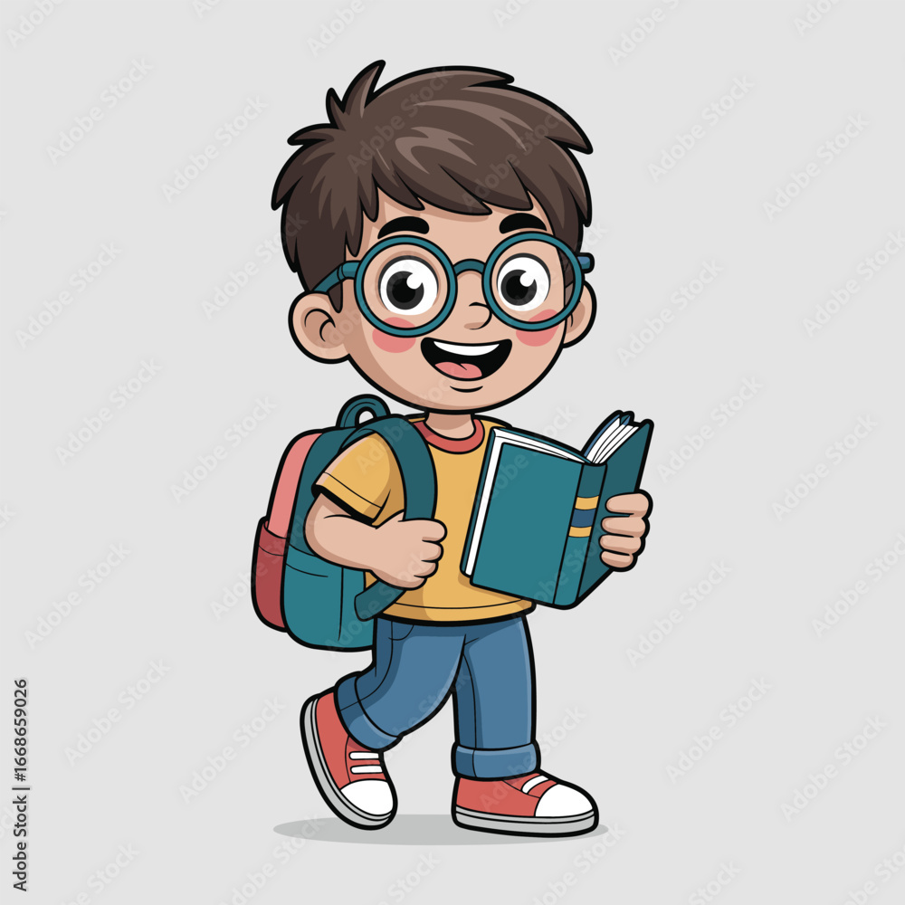 Cartoon schoolboy character with backpack and book, cute student illustration, happy child education mascot, learning concept vector design, studying kid graphic artwork. Cartoon schoolboy character with backpack and book, cute student illustration, happy child education mascot, learning concept vector design, studying kid graphic artwork.