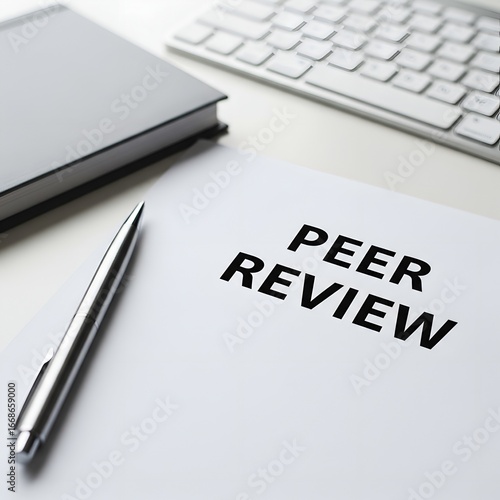 Paper with peer review text next to a pen and keyboard on a desk