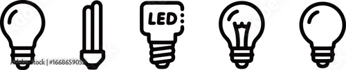 Assortment of light bulb vector icons in various styles, including incandescent, compact fluorescent (CFL), and LED bulbs, on a white background.