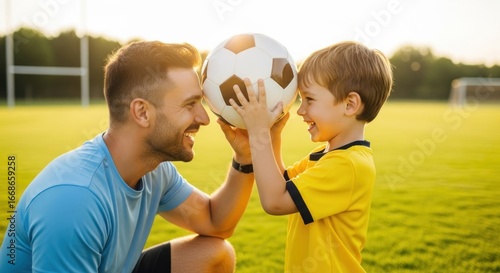 Father and son playing soccer, holding ball, grassy field, sunset