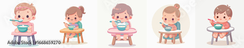 Cartoonish Handdrawn Little Cute Baby Eating Food on Highchair Illustration