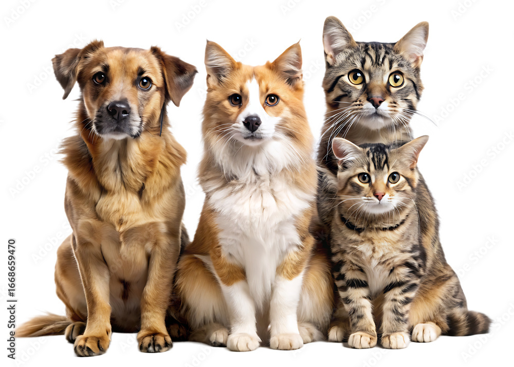 Fototapeta premium Three cats and a dog are looking at the camera isolated on white background ,PNG. AI Generated.