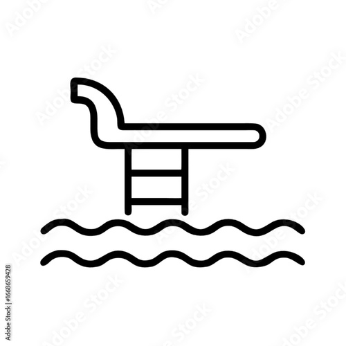 Diving board and water waves icon vector illustration, swimming pool diving platform graphic