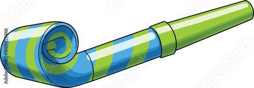 Colorful party blower with blue and green stripes, festive noise maker, celebration accessory, birthday party, fun event decoration, joyful item
