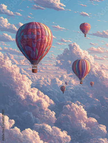 Massive colorful balloons float against vivid blue sky, evoking boundless adventure, travel dreams, vibrant impressions. Perfect wanderlust inspiration, travel branding, adventurous content.