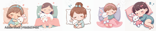 Cute Cartoon Little Girl Sleeping with Bunny on Pillow Illustration