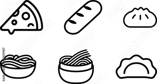 Assortment of food and meal vector icons, featuring pizza, bread, pasta, and dumplings, for restaurant and cuisine concepts.
