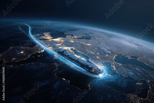 Global cargo ship traversing Earth's night side