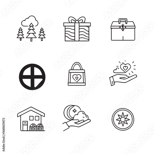 Collection of hand drawn doodle icons representing nature gifts home spirituality and compassion for creative projects