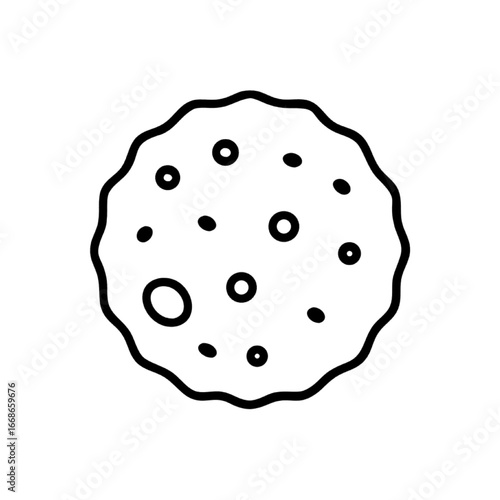 A stylized circular illustration featuring a celestial body with craters and a textured surface