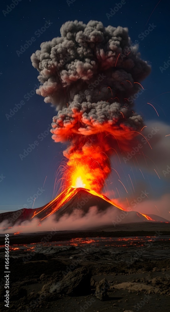 Fototapeta premium Volcanic eruption spewing thick ash cloud into the night sky with glowing lava flow