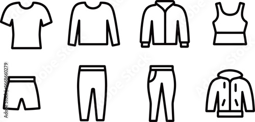 Collection of various clothing and apparel vector icons, featuring t-shirts, sweaters, shorts, and hoodies, for fashion and wardrobe themes.