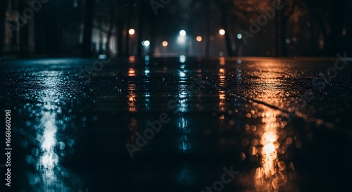 Wet asphalt reflecting streetlights at night, creating a moody and atmospheric urban scene