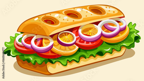 Fresh baguette sandwich with mozzarella cheese tomato slices red onion rings lettuce. Soft bun, melted cheese, fresh ingredients. Appetizing fast food 
