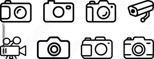 Set of camera and video recording equipment vector icons, featuring various camera types and a security camera, for technology and photography themes.