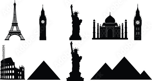 World landmarks silhouette vector set, Eiffel Tower, Big Ben, Statue of Liberty, Taj Mahal, Colosseum, Pyramids illustration icons