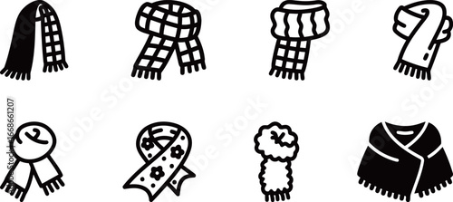 Set of various scarf and shawl vector icons, featuring different patterns and designs, for winter and fashion themes.