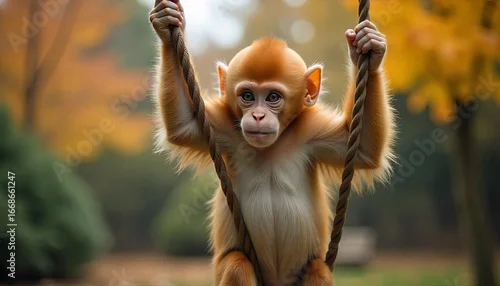 Naklejka na ścianę Baby monkey swings from rope in autumn forest setting