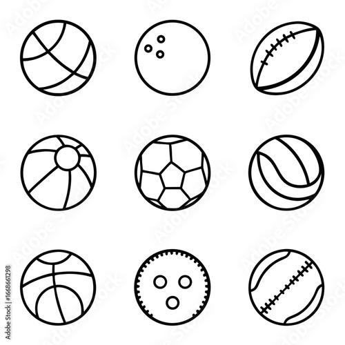 Sports balls line icons representing various sports such as basketball, soccer, football, baseball, tennis, and bowling