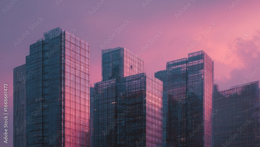 Fototapeta premium Modern city skyline at dusk, tinted in a soft pink hue