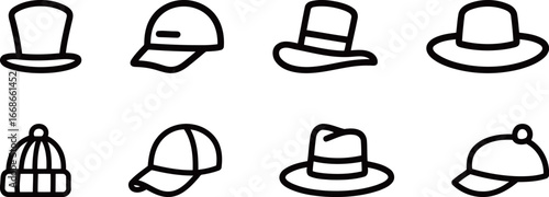 Collection of various hat and headwear vector icons, featuring fedoras, baseball caps, and beanies, for fashion and style concepts.