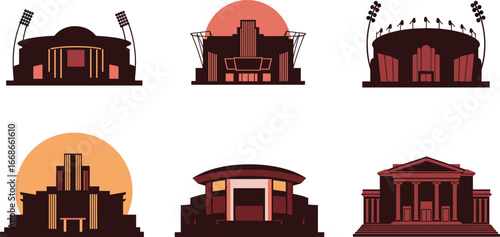 Color stadium and arena vector illustration, sports complex, concert hall, event architecture, landmark building, multipurpose venue, cultural design