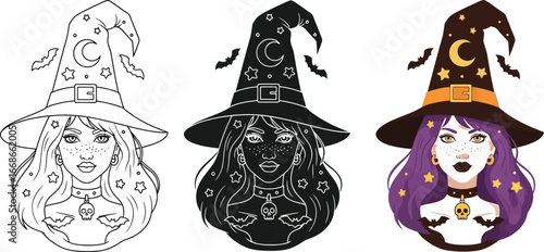 Three witch portraits in line art silhouette and color illustration
