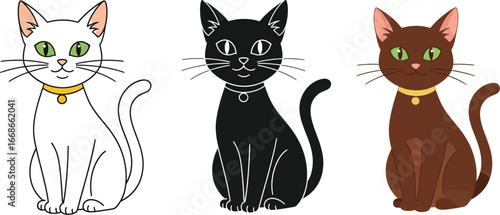 Three cute cartoon cats in different colors sitting with collars on