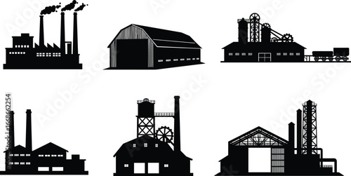 Factory and industrial building silhouette vector set, warehouse, barn, coal mine, refinery, manufacturing plant, energy industry illustration