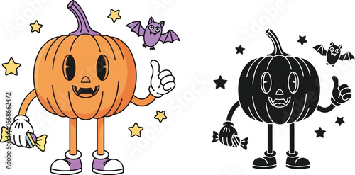 Cartoon pumpkin character giving a thumbs up with halloween elements